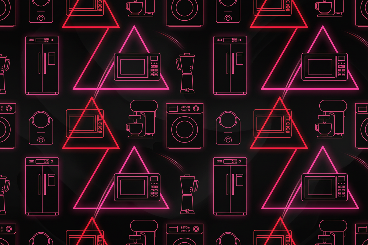 generate a wallpaper for a store full of home applience in pink red and black color